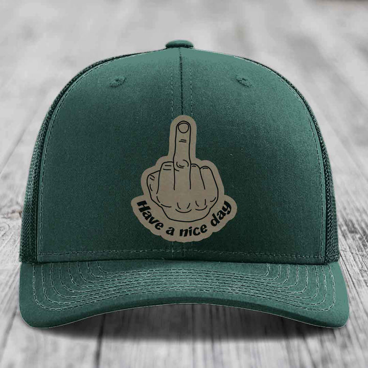 Middle Finger (Have A Nice Day) - Leather Patch Hat - Light Brown to Black Patch - Richardson 112 Snapback Trucker Hat