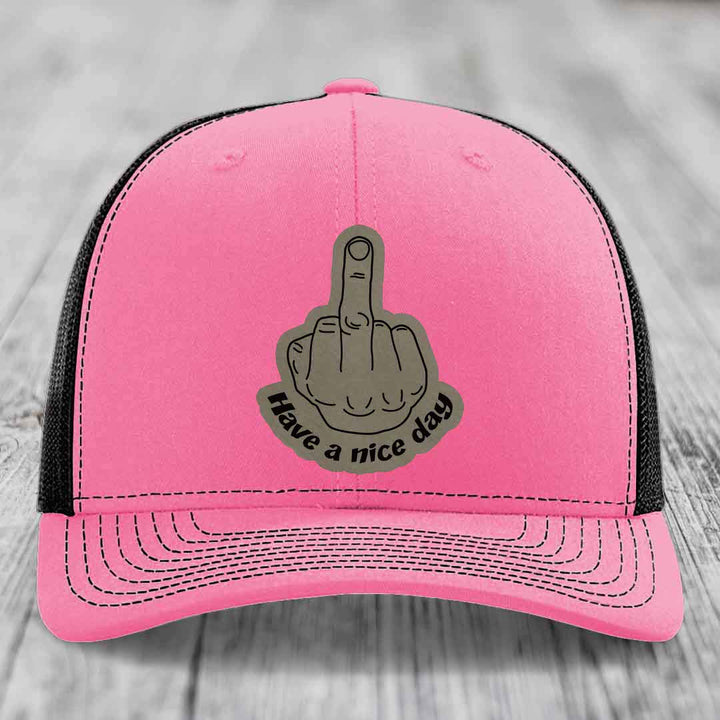 Middle Finger (Have A Nice Day) - Leather Patch Hat - Light Brown to Black Patch - Richardson 112 Snapback Trucker Hat