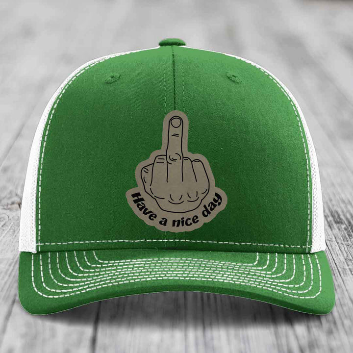 Middle Finger (Have A Nice Day) - Leather Patch Hat - Light Brown to Black Patch - Richardson 112 Snapback Trucker Hat