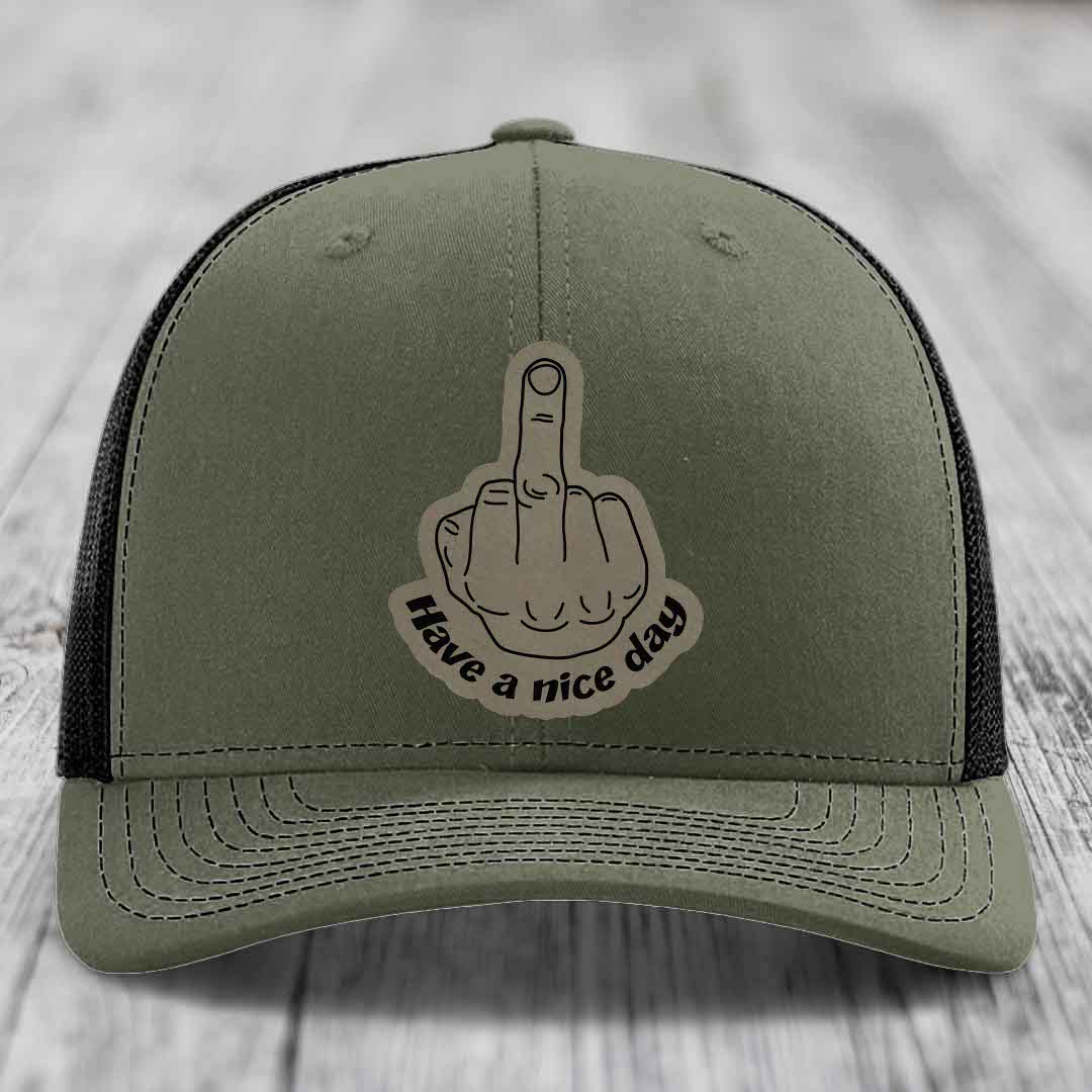 Middle Finger (Have A Nice Day) - Leather Patch Hat - Light Brown to Black Patch - Richardson 112 Snapback Trucker Hat