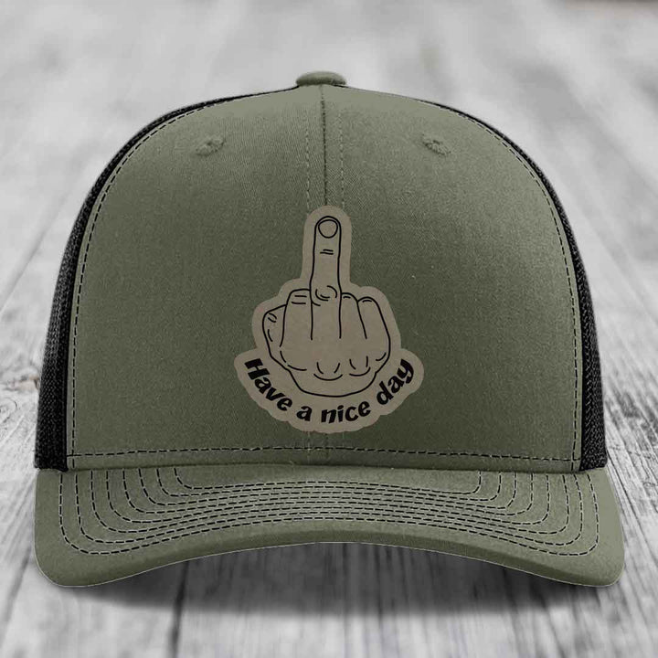 Middle Finger (Have A Nice Day) - Leather Patch Hat - Light Brown to Black Patch - Richardson 112 Snapback Trucker Hat