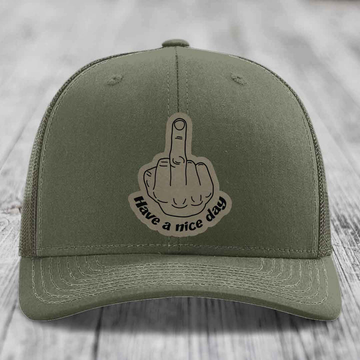 Middle Finger (Have A Nice Day) - Leather Patch Hat - Light Brown to Black Patch - Richardson 112 Snapback Trucker Hat