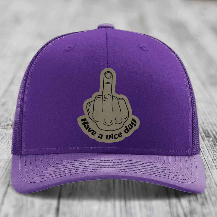 Middle Finger (Have A Nice Day) - Leather Patch Hat - Light Brown to Black Patch - Richardson 112 Snapback Trucker Hat