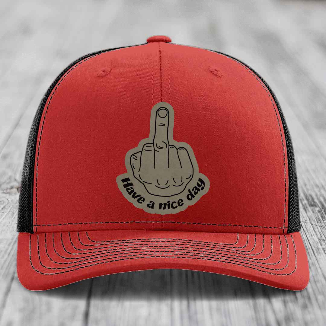 Middle Finger (Have A Nice Day) - Leather Patch Hat - Light Brown to Black Patch - Richardson 112 Snapback Trucker Hat