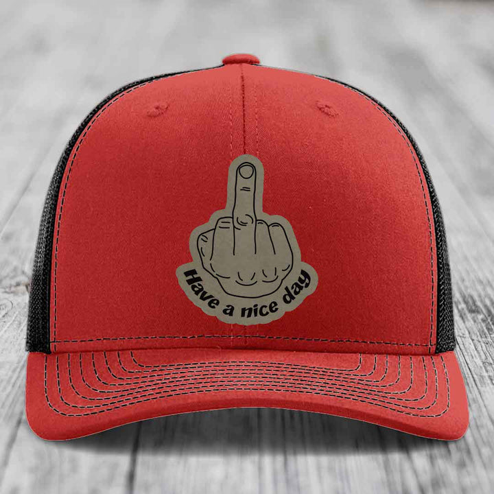 Middle Finger (Have A Nice Day) - Leather Patch Hat - Light Brown to Black Patch - Richardson 112 Snapback Trucker Hat