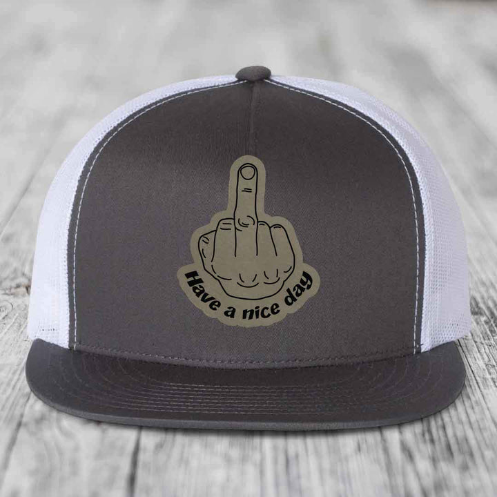 Middle Finger (Have A Nice Day) - Leather Patch Hat - Light Brown to Black Patch - Yupoong 6006 Snapback Flatbill Hat