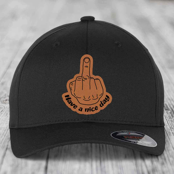 Middle Finger (Have A Nice Day) - Leather Patch Hat - Rawhide to Black Patch - Flexfit 6277 Fitted Hat