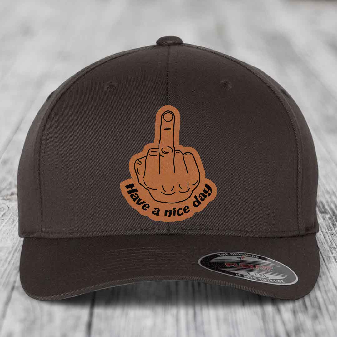Middle Finger (Have A Nice Day) - Leather Patch Hat - Rawhide to Black Patch - Flexfit 6277 Fitted Hat