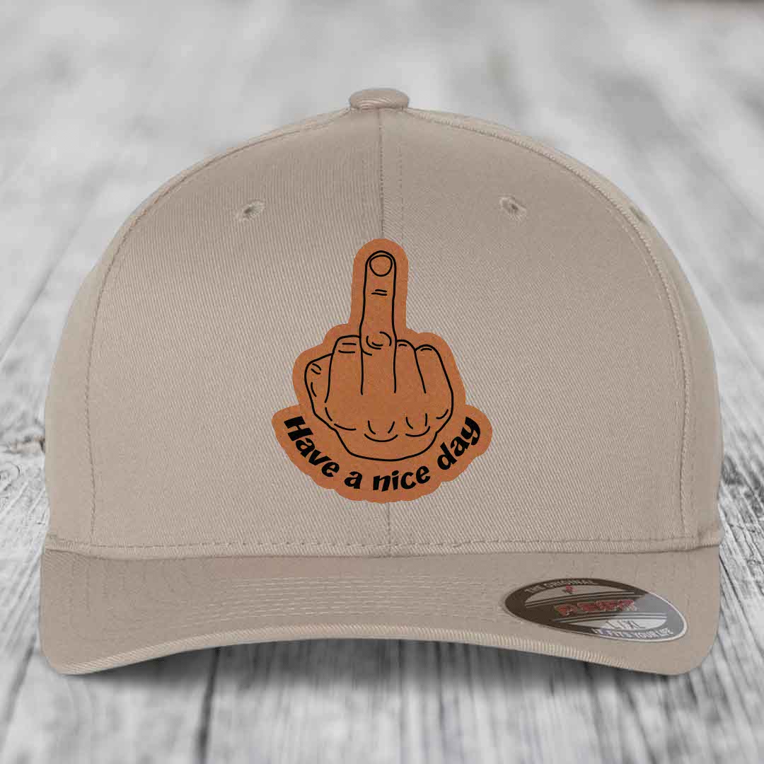 Middle Finger (Have A Nice Day) - Leather Patch Hat - Rawhide to Black Patch - Flexfit 6277 Fitted Hat