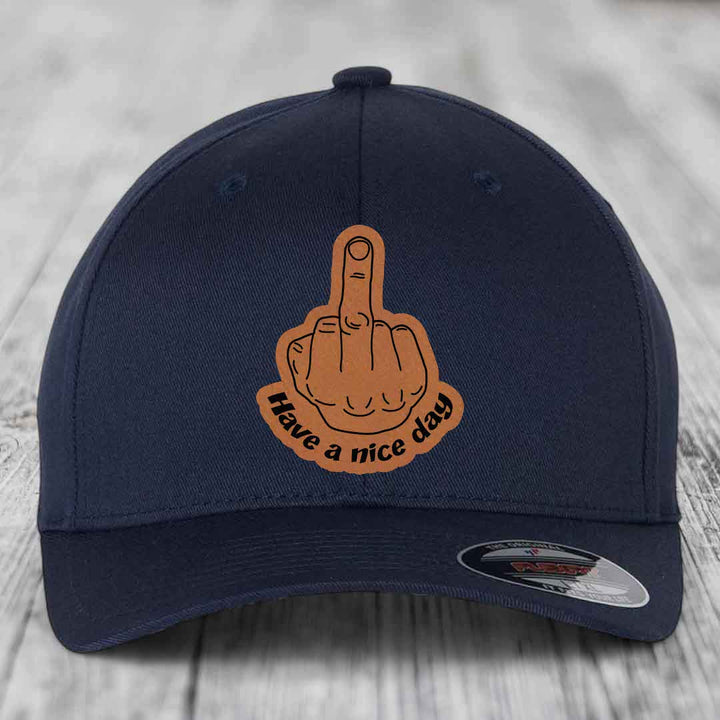 Middle Finger (Have A Nice Day) - Leather Patch Hat - Rawhide to Black Patch - Flexfit 6277 Fitted Hat