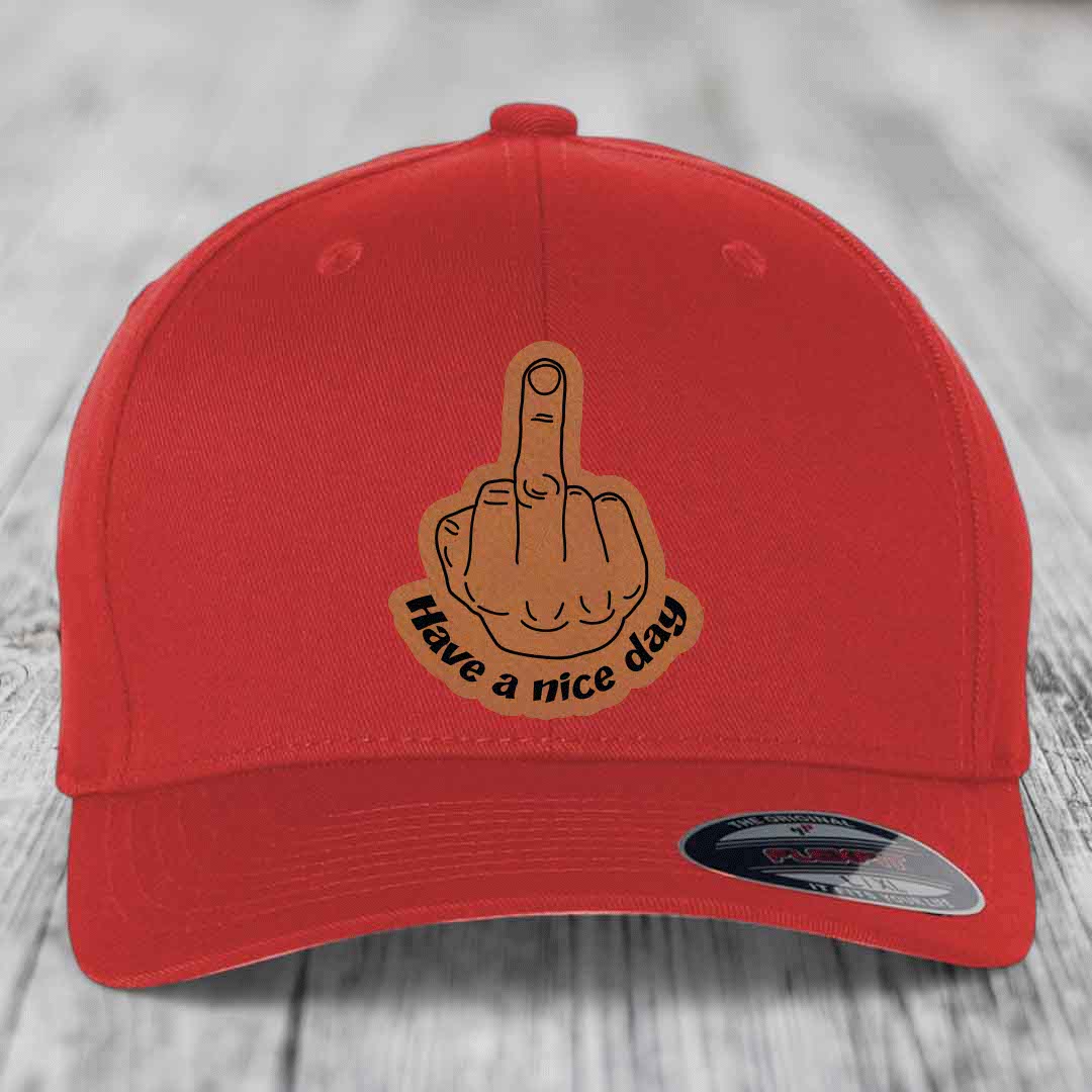 Middle Finger (Have A Nice Day) - Leather Patch Hat - Rawhide to Black Patch - Flexfit 6277 Fitted Hat