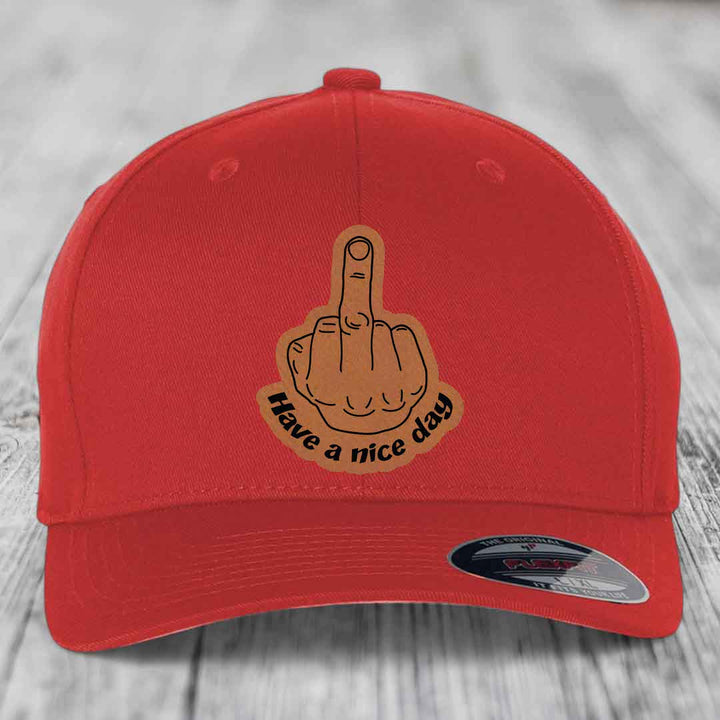 Middle Finger (Have A Nice Day) - Leather Patch Hat - Rawhide to Black Patch - Flexfit 6277 Fitted Hat
