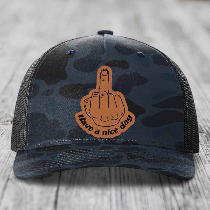 Middle Finger (Have A Nice Day) - Leather Patch Hat - Rawhide to Black Patch - Richardson 112PFP Snapback Trucker Hat