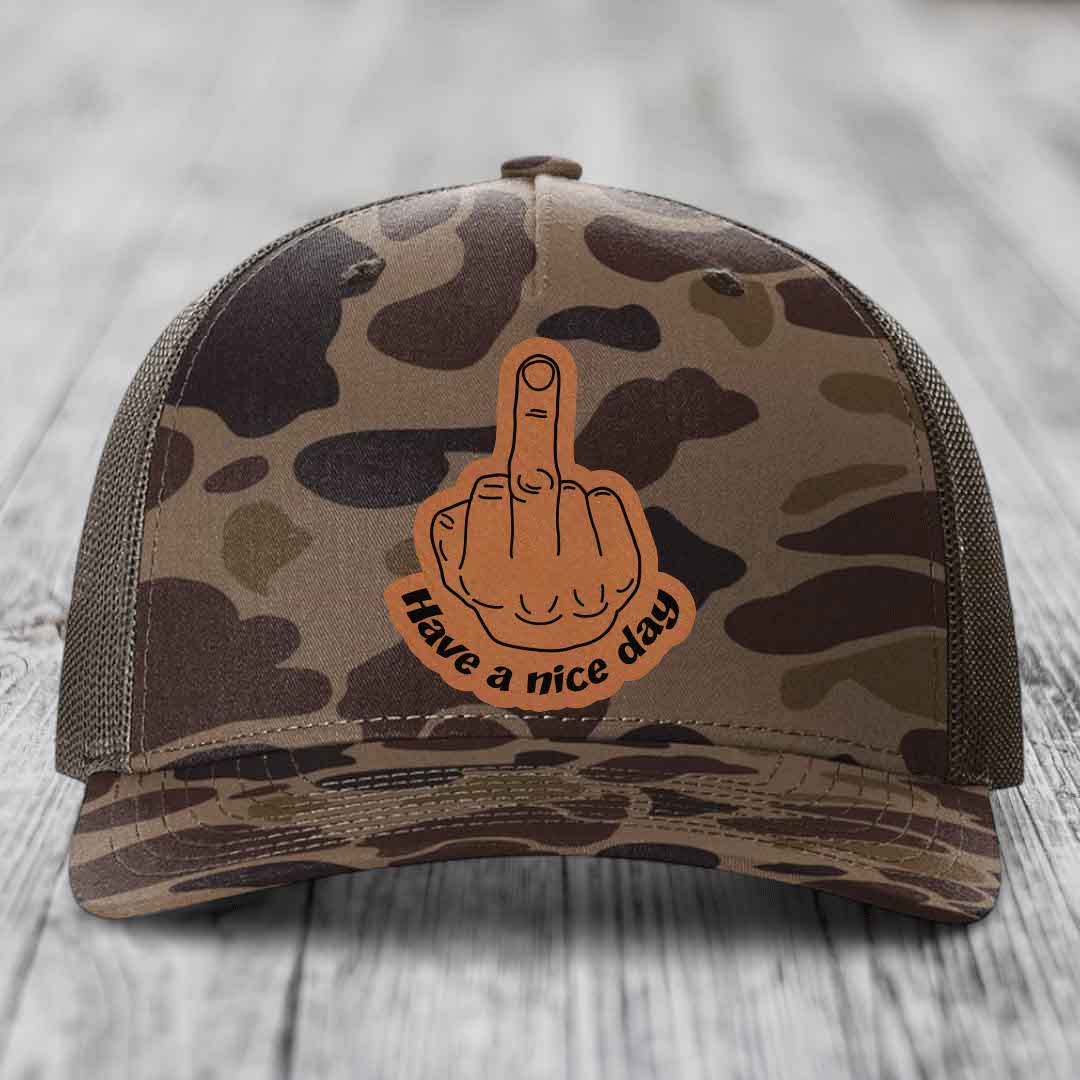 Middle Finger (Have A Nice Day) - Leather Patch Hat - Rawhide to Black Patch - Richardson 112PFP Snapback Trucker Hat