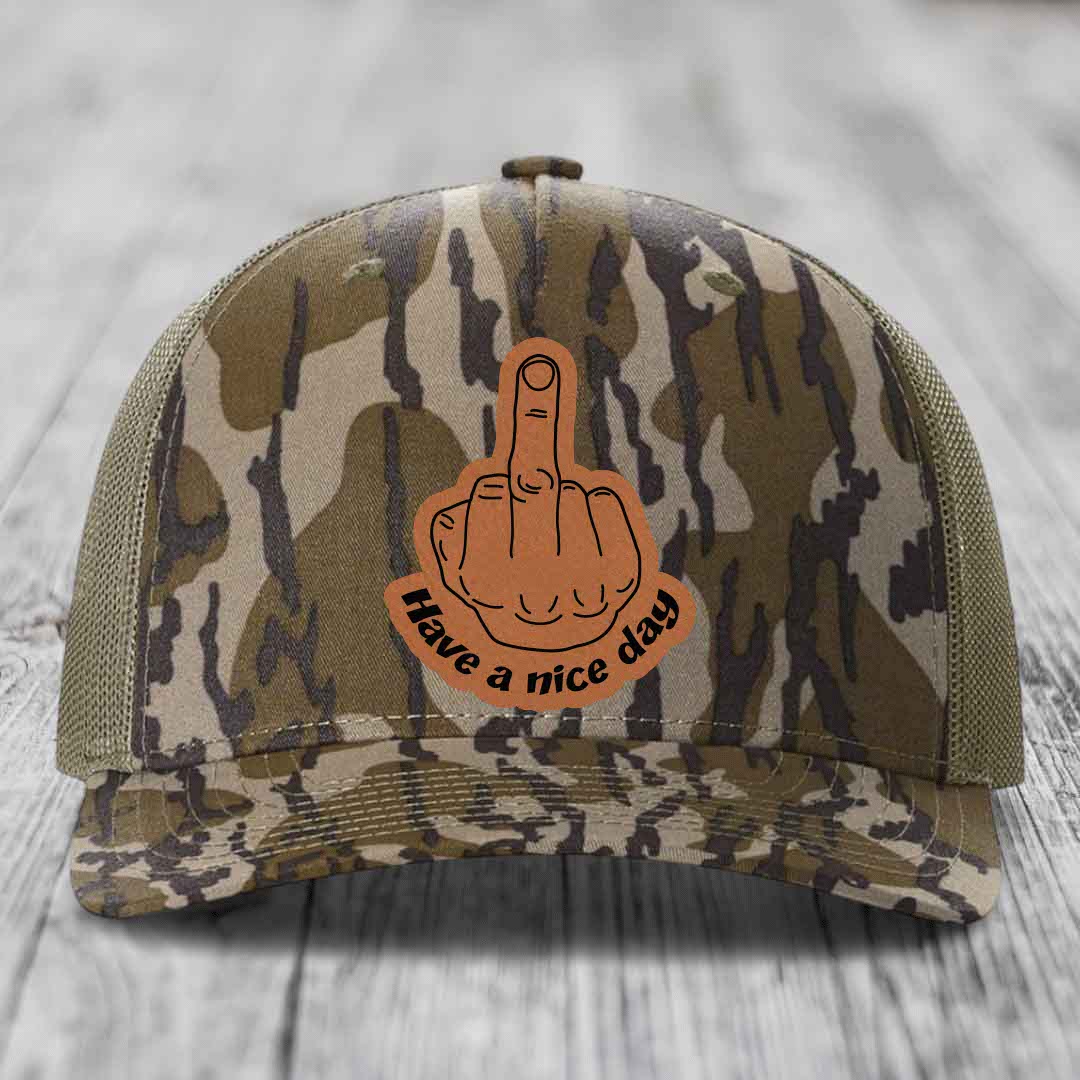 Middle Finger (Have A Nice Day) - Leather Patch Hat - Rawhide to Black Patch - Richardson 112PFP Snapback Trucker Hat