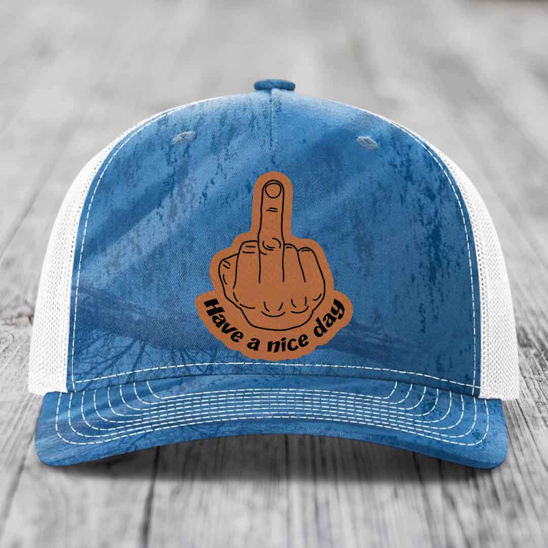 Middle Finger (Have A Nice Day) - Leather Patch Hat - Rawhide to Black Patch - Richardson 112PFP Snapback Trucker Hat