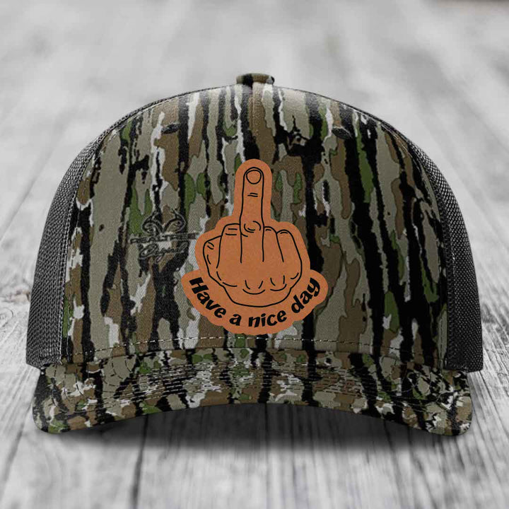 Middle Finger (Have A Nice Day) - Leather Patch Hat - Rawhide to Black Patch - Richardson 112PFP Snapback Trucker Hat