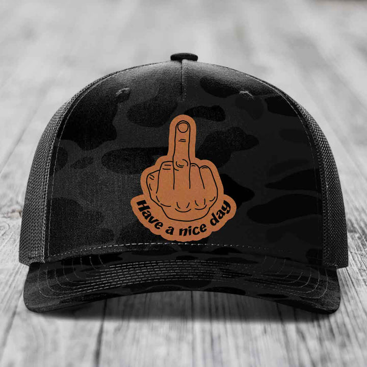 Middle Finger (Have A Nice Day) - Leather Patch Hat - Rawhide to Black Patch - Richardson 112PFP Snapback Trucker Hat