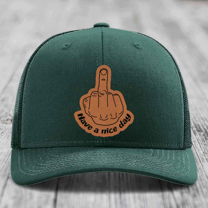 Middle Finger (Have A Nice Day) - Leather Patch Hat - Rawhide to Black Patch - Richardson 112 Snapback Trucker Hat