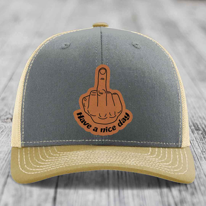 Middle Finger (Have A Nice Day) - Leather Patch Hat - Rawhide to Black Patch - Richardson 112 Snapback Trucker Hat