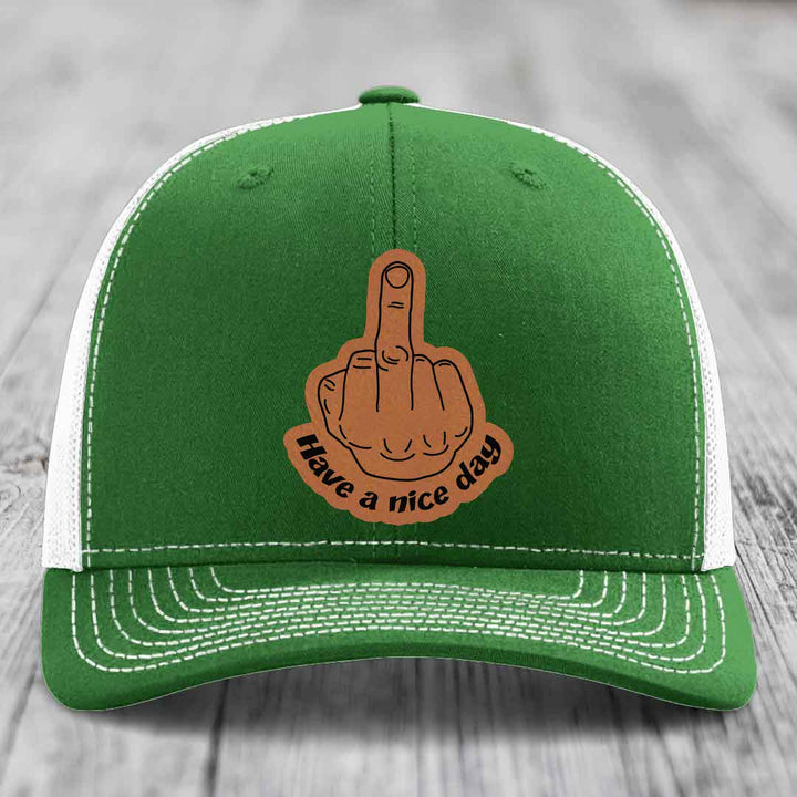 Middle Finger (Have A Nice Day) - Leather Patch Hat - Rawhide to Black Patch - Richardson 112 Snapback Trucker Hat