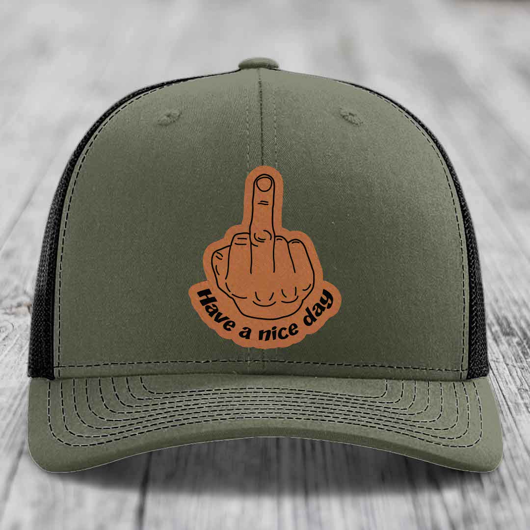 Middle Finger (Have A Nice Day) - Leather Patch Hat - Rawhide to Black Patch - Richardson 112 Snapback Trucker Hat