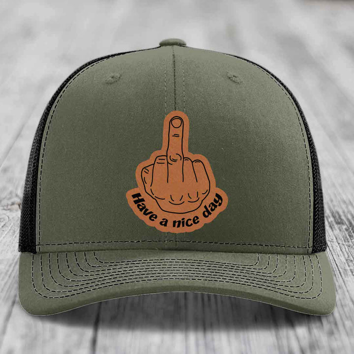 Middle Finger (Have A Nice Day) - Leather Patch Hat - Rawhide to Black Patch - Richardson 112 Snapback Trucker Hat