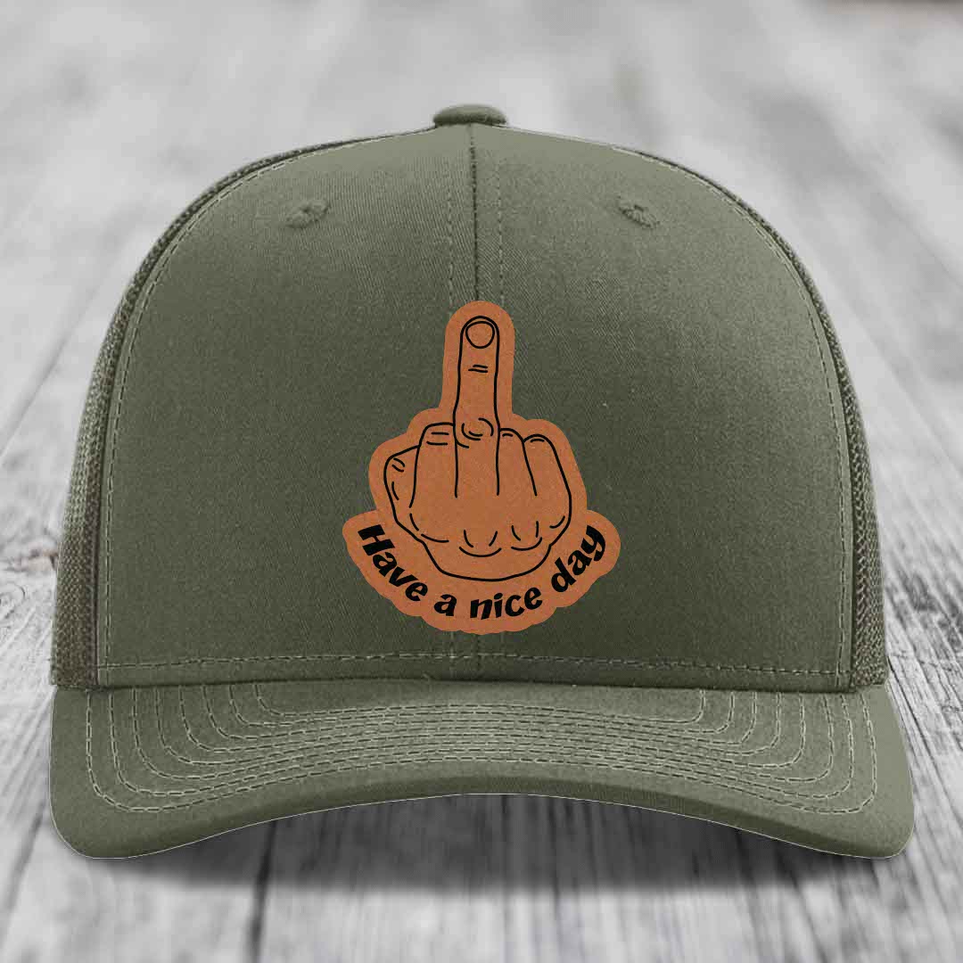 Middle Finger (Have A Nice Day) - Leather Patch Hat - Rawhide to Black Patch - Richardson 112 Snapback Trucker Hat