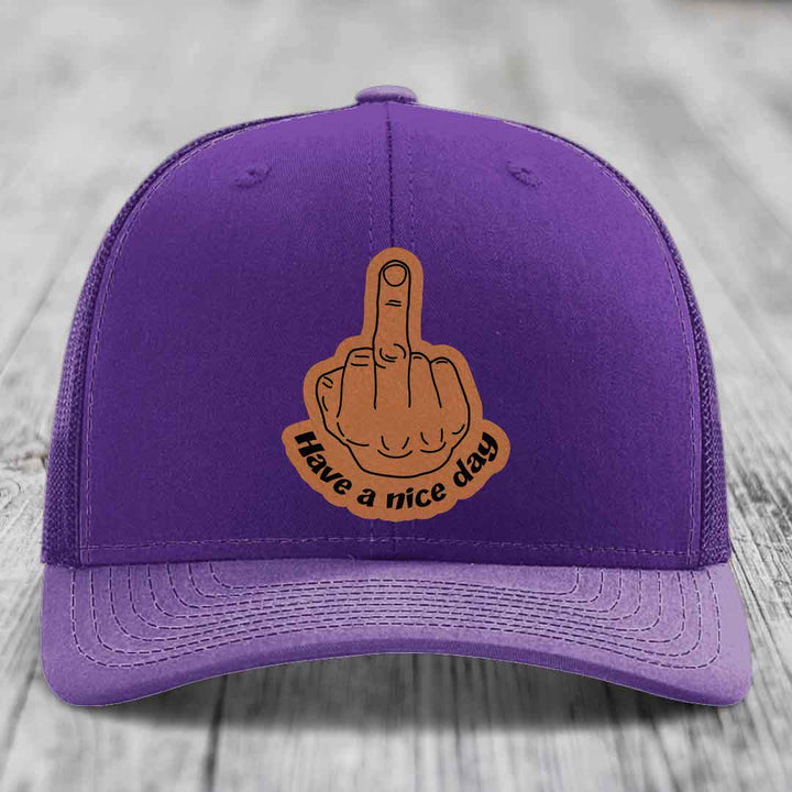 Middle Finger (Have A Nice Day) - Leather Patch Hat - Rawhide to Black Patch - Richardson 112 Snapback Trucker Hat
