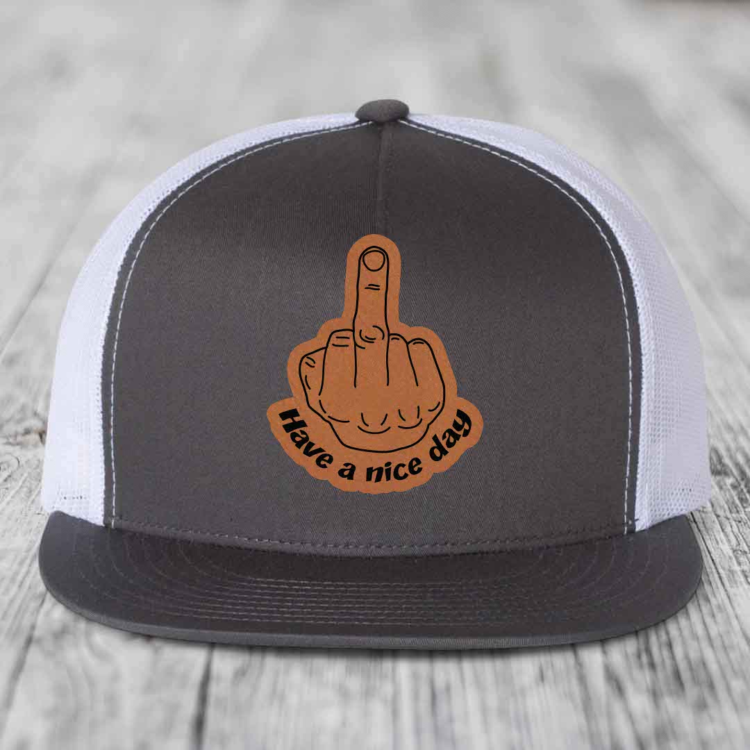 Middle Finger (Have A Nice Day) - Leather Patch Hat - Rawhide to Black Patch - Yupoong 6006 Snapback Flatbill Hat