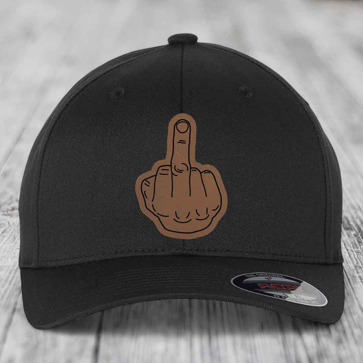 Middle Finger - Leather Patch Hat - Dark Brown to Black Patch - Flexfit 6277 Fitted Hat