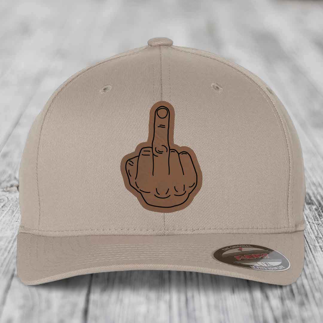 Middle Finger - Leather Patch Hat - Dark Brown to Black Patch - Flexfit 6277 Fitted Hat