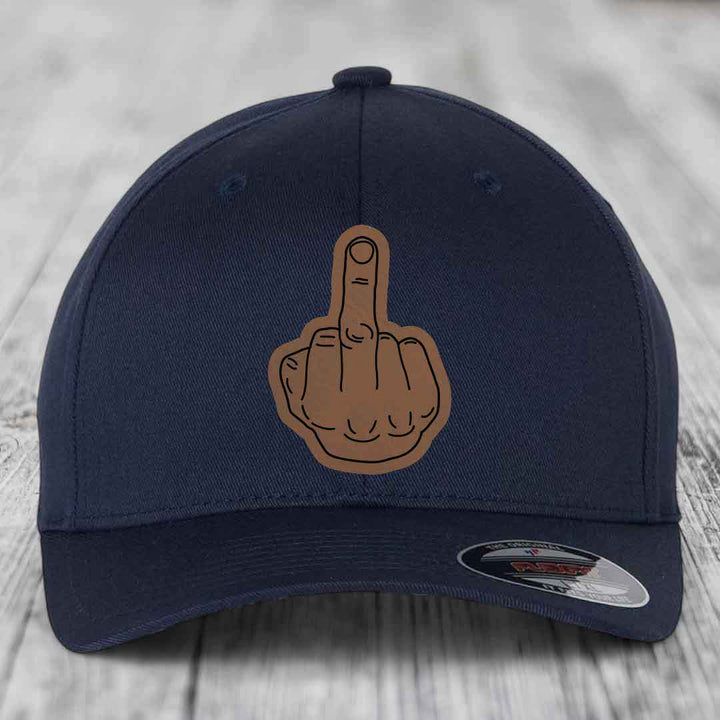 Middle Finger - Leather Patch Hat - Dark Brown to Black Patch - Flexfit 6277 Fitted Hat