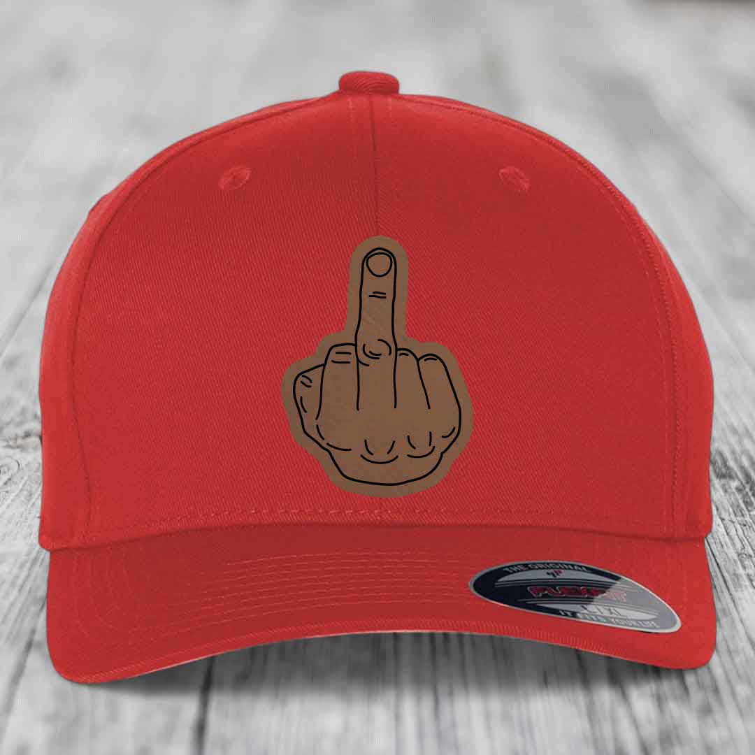 Middle Finger - Leather Patch Hat - Dark Brown to Black Patch - Flexfit 6277 Fitted Hat