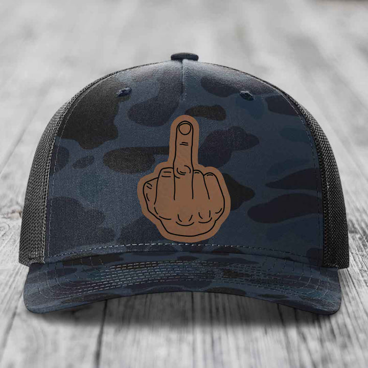 Middle Finger - Leather Patch Hat - Dark Brown to Black Patch - Richardson 112PFP Snapback Trucker Hat
