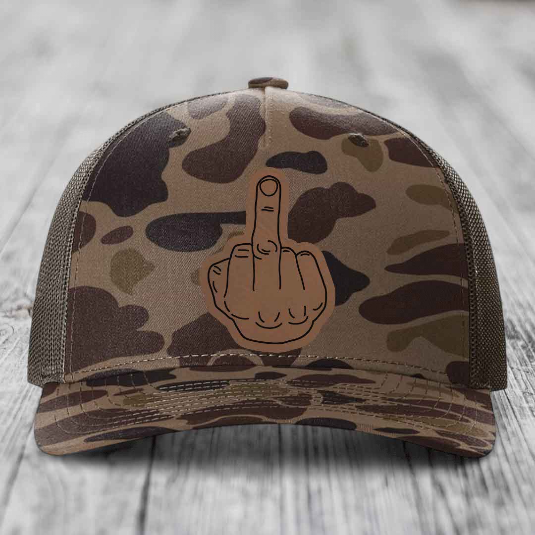 Middle Finger - Leather Patch Hat - Dark Brown to Black Patch - Richardson 112PFP Snapback Trucker Hat