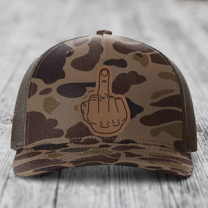 Middle Finger - Leather Patch Hat - Dark Brown to Black Patch - Richardson 112PFP Snapback Trucker Hat