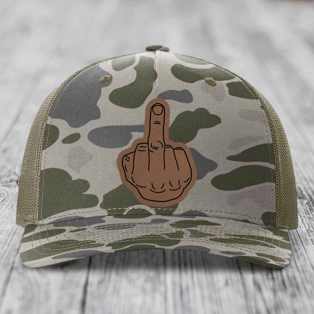 Middle Finger - Leather Patch Hat - Dark Brown to Black Patch - Richardson 112PFP Snapback Trucker Hat