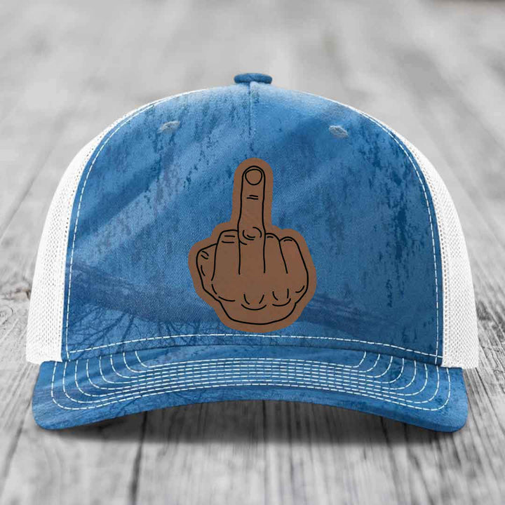 Middle Finger - Leather Patch Hat - Dark Brown to Black Patch - Richardson 112PFP Snapback Trucker Hat