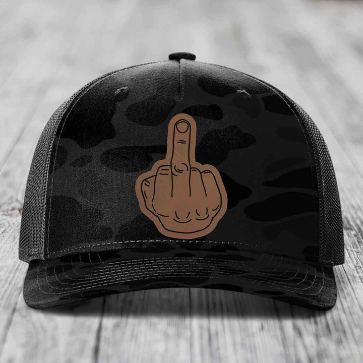 Middle Finger - Leather Patch Hat - Dark Brown to Black Patch - Richardson 112PFP Snapback Trucker Hat