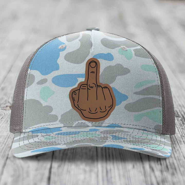 Middle Finger - Leather Patch Hat - Dark Brown to Black Patch - Richardson 112PFP Snapback Trucker Hat