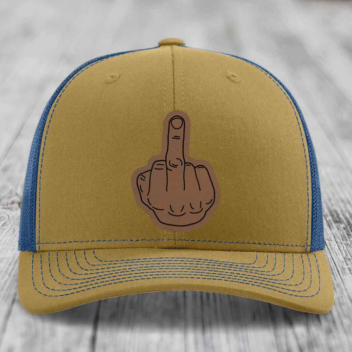 Middle Finger - Leather Patch Hat - Dark Brown to Black Patch - Richardson 112 Snapback Trucker Hat