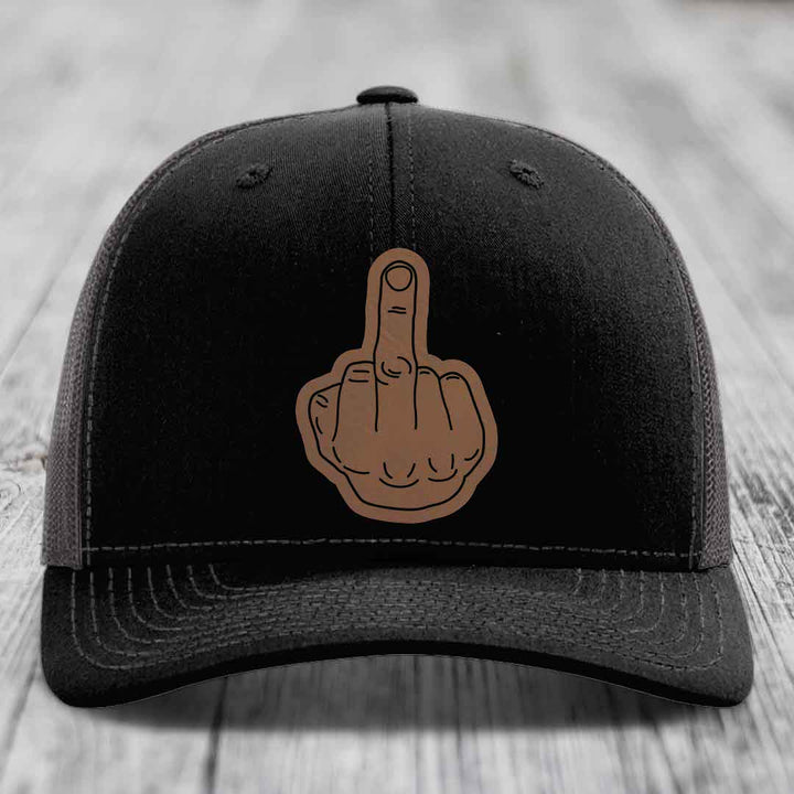 Middle Finger - Leather Patch Hat - Dark Brown to Black Patch - Richardson 112 Snapback Trucker Hat