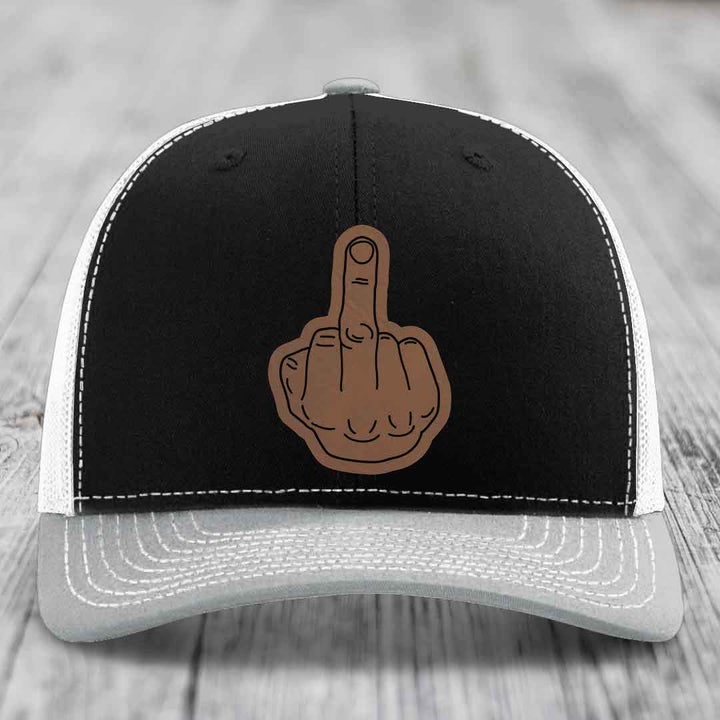 Middle Finger - Leather Patch Hat - Dark Brown to Black Patch - Richardson 112 Snapback Trucker Hat