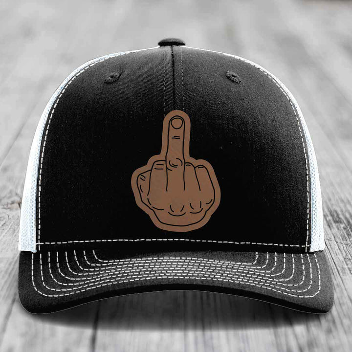 Middle Finger - Leather Patch Hat - Dark Brown to Black Patch - Richardson 112 Snapback Trucker Hat