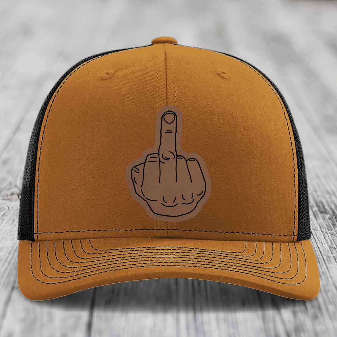Middle Finger - Leather Patch Hat - Dark Brown to Black Patch - Richardson 112 Snapback Trucker Hat