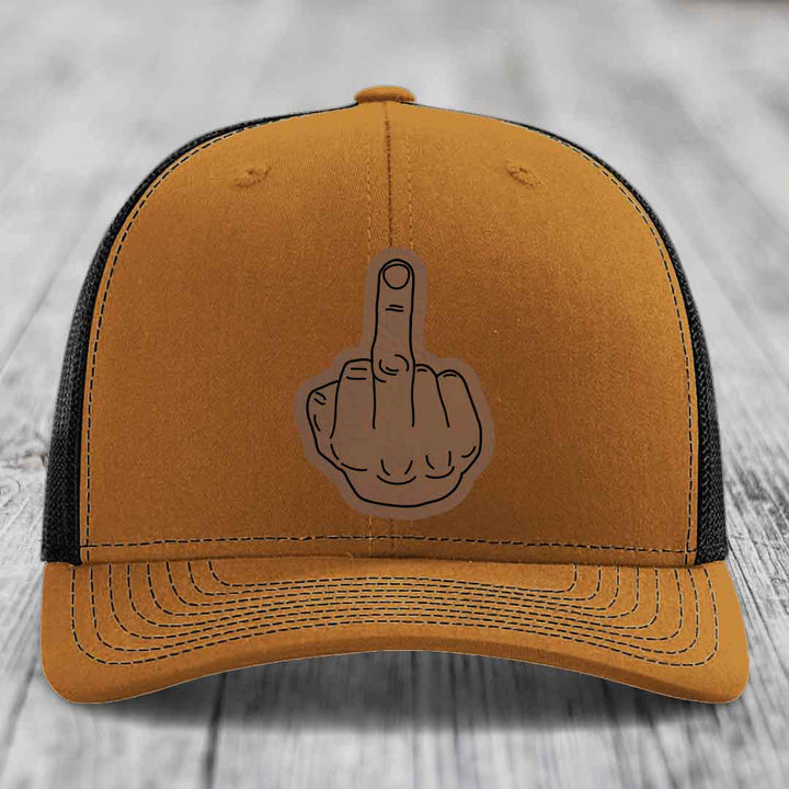 Middle Finger - Leather Patch Hat - Dark Brown to Black Patch - Richardson 112 Snapback Trucker Hat