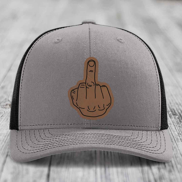 Middle Finger - Leather Patch Hat - Dark Brown to Black Patch - Richardson 112 Snapback Trucker Hat