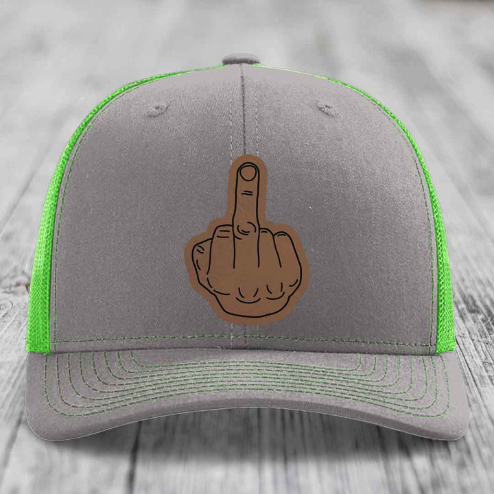Middle Finger - Leather Patch Hat - Dark Brown to Black Patch - Richardson 112 Snapback Trucker Hat