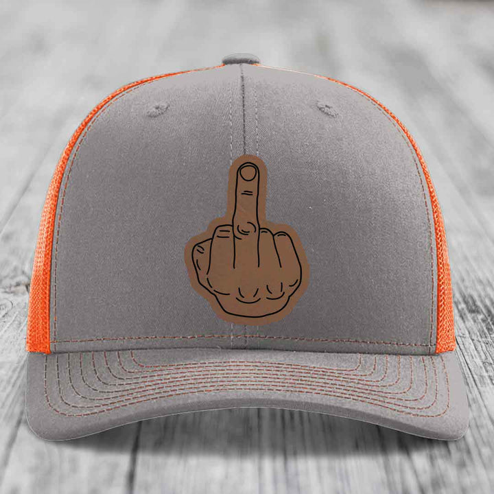 Middle Finger - Leather Patch Hat - Dark Brown to Black Patch - Richardson 112 Snapback Trucker Hat